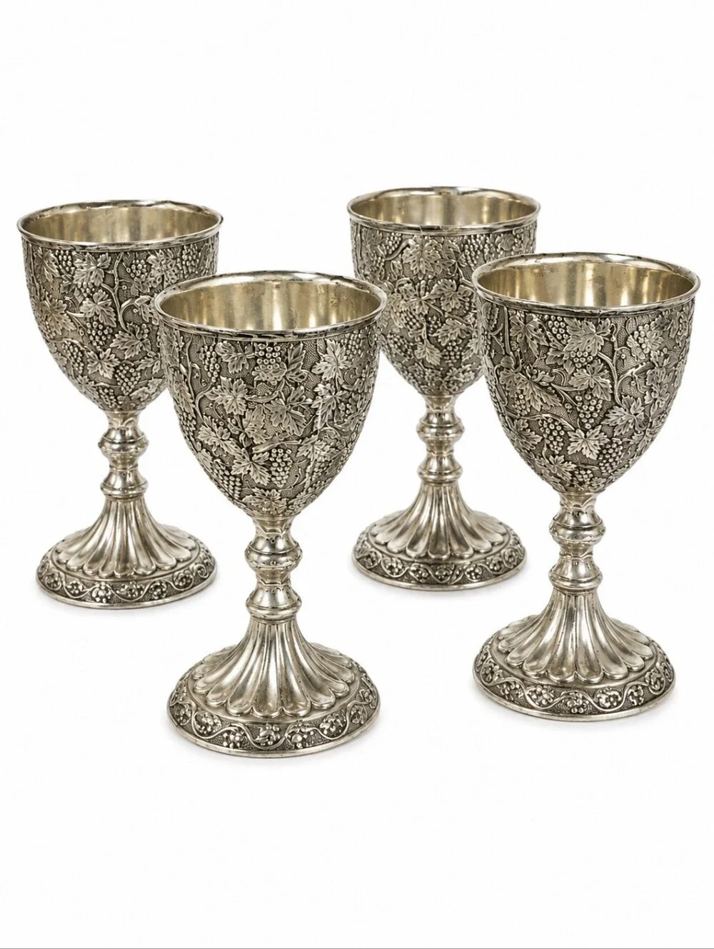 Vintage Silverplate Grape Vine Embossed Goblets Chalice Ornate Gold Wash